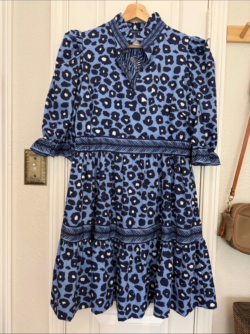 Gretchen Scott leopard puff sleeve tiered mini dress ruffle neck
